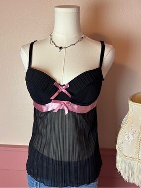 Rampage vintage lolita top black pink 34B small bow mesh pleated coquette